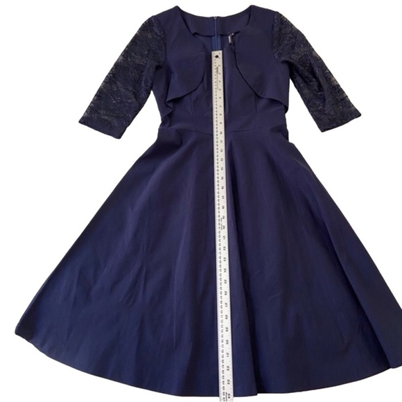 Miusol dress navy blue lace 3/4 sleeves stretchy A-Line midi small fit & flare - Picture 11 of 16